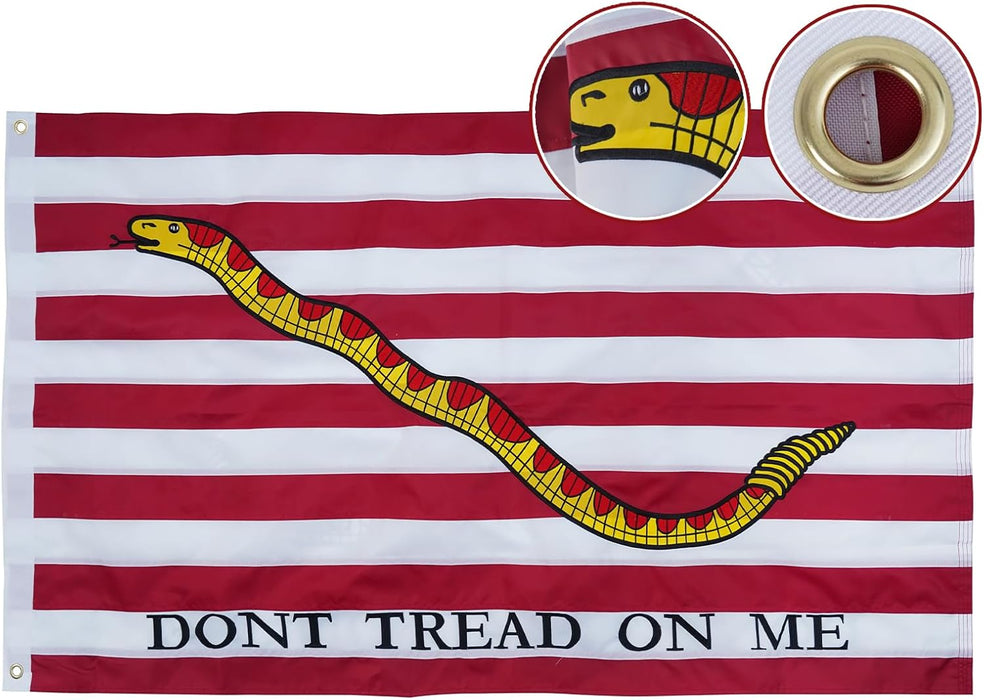 Premium 1st Navy Jack "Don't Tread on Me" Gadsden Flag Embroidered 3x5 ft. 100% 300D Nylon Double-Sided with Rattlesnake and Red and White Stripes