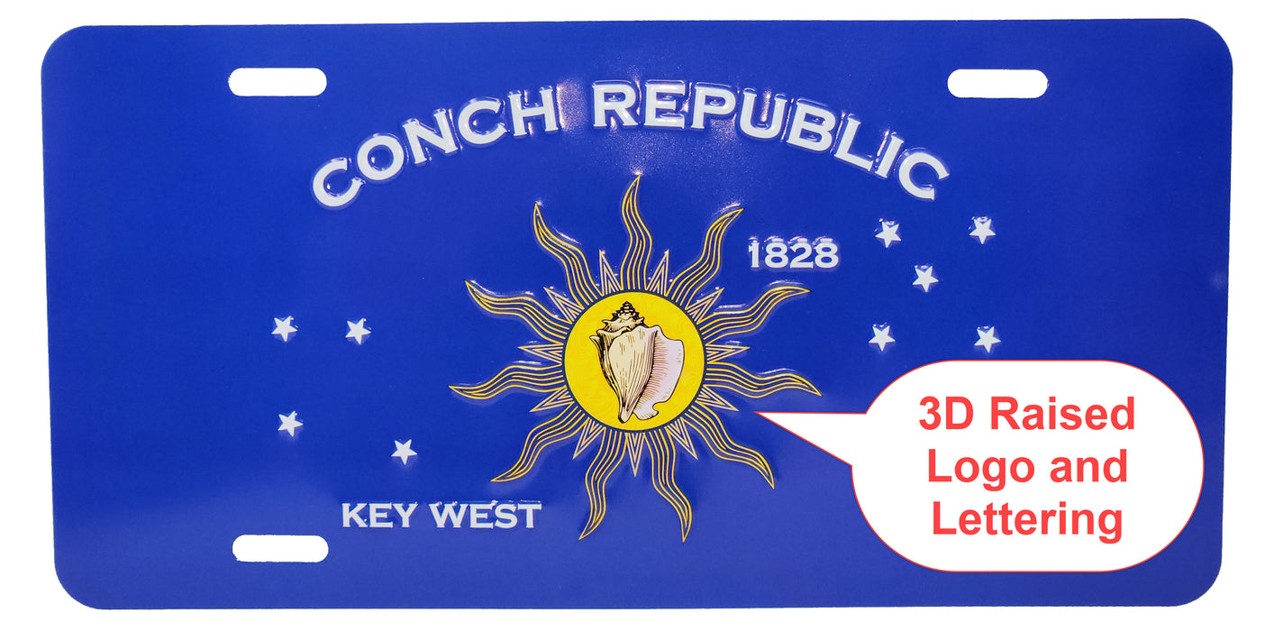 3D Embossed Conch Republic of the Florida Keys Aluminum Car/Truck/RV/Golf Cart License Plate for Cars, Man Caves, Tiki Huts, Garages & Home Decor