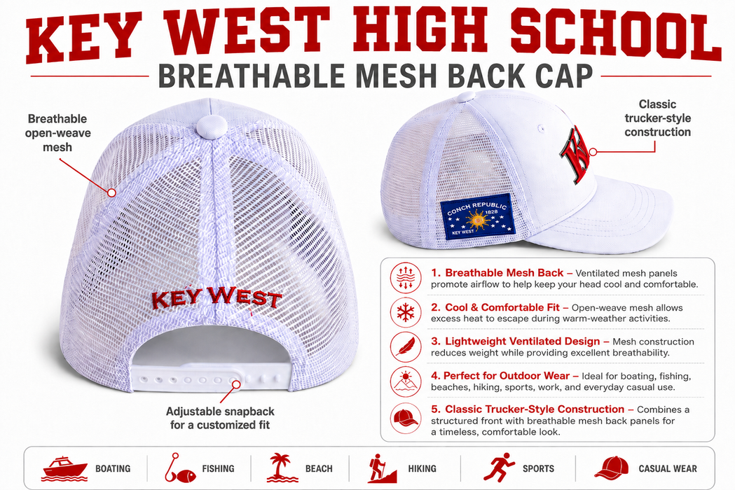 Key West High School KW Fighting Conchs Trucker/Sports/Baseball Cap, Crimson/Gray/White with Conch Republic Flag Patch, and Premium Conch Shell Embroidery