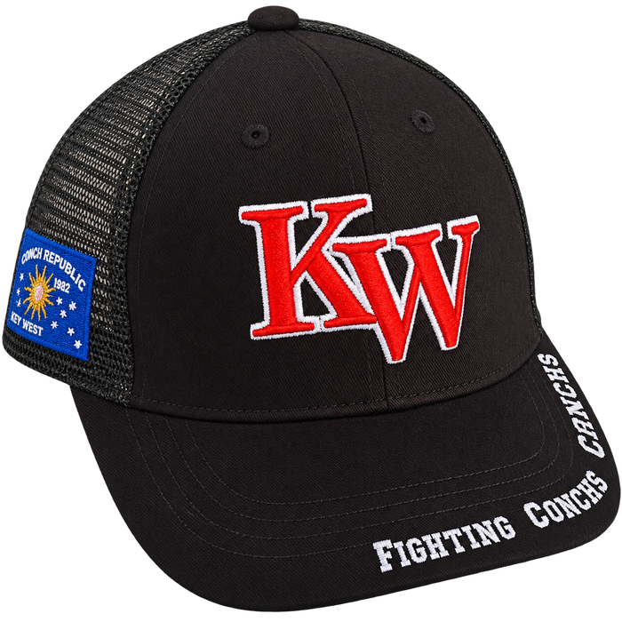 Key West High School KW Fighting Conchs Trucker/Sports/Baseball Cap, Crimson/Gray/White with Conch Republic Flag Patch, and Premium Conch Shell Embroidery