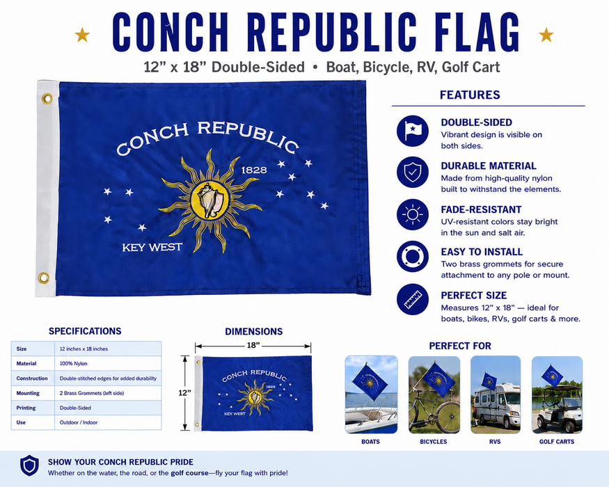 12" x 18" Embroidered Key West Conch Republic Single-Sided Heavy Duty 300D Nylon Flag