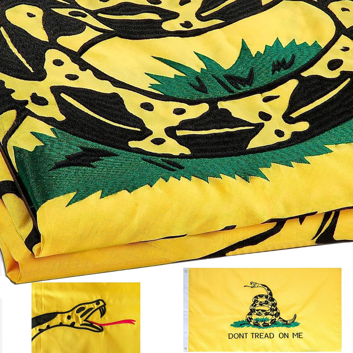 Gadsden "Don't Tread on Me" Double-Sided 100% 340D Nylon Gadsden Flag with "Don't Tread on Me" Quote and Rattlesnake Yellow Revolutionary War Flags