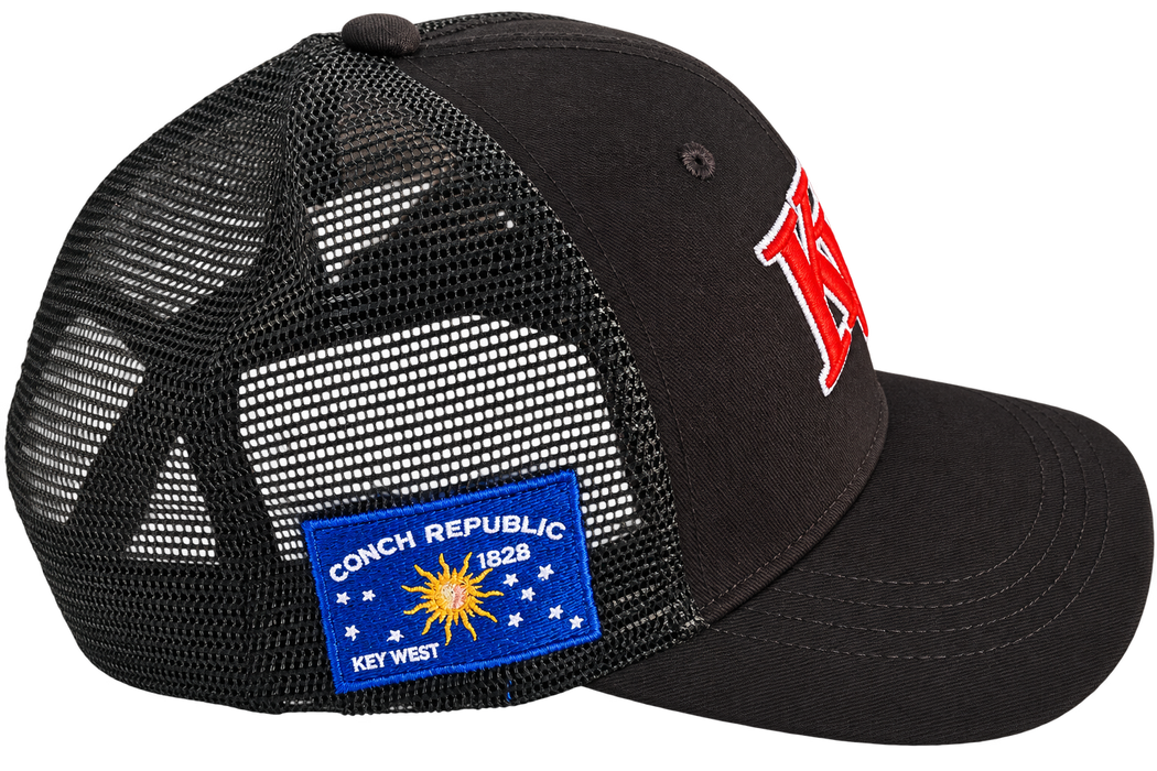 Key West High School KW Fighting Conchs Trucker/Sports/Baseball Cap, Crimson/Gray/White with Conch Republic Flag Patch, and Premium Conch Shell Embroidery