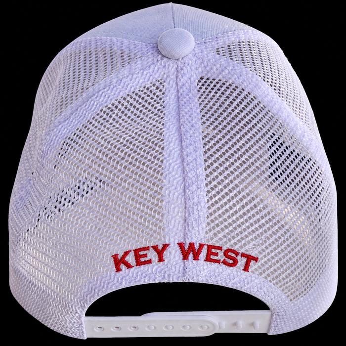 Key West High School KW Fighting Conchs Trucker/Sports/Baseball Cap, Crimson/Gray/White with Conch Republic Flag Patch, and Premium Conch Shell Embroidery