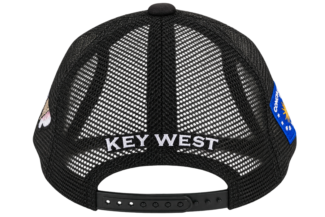 Key West High School KW Fighting Conchs Trucker/Sports/Baseball Cap, Crimson/Gray/White with Conch Republic Flag Patch, and Premium Conch Shell Embroidery