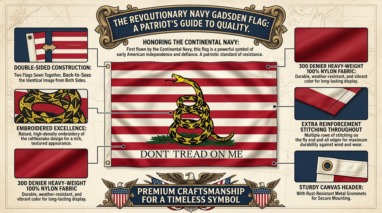 Premium 1st Navy Jack "Don't Tread on Me" Gadsden Flag Embroidered 3x5 ft. 100% 300D Nylon Double-Sided with Rattlesnake and Red and White Stripes