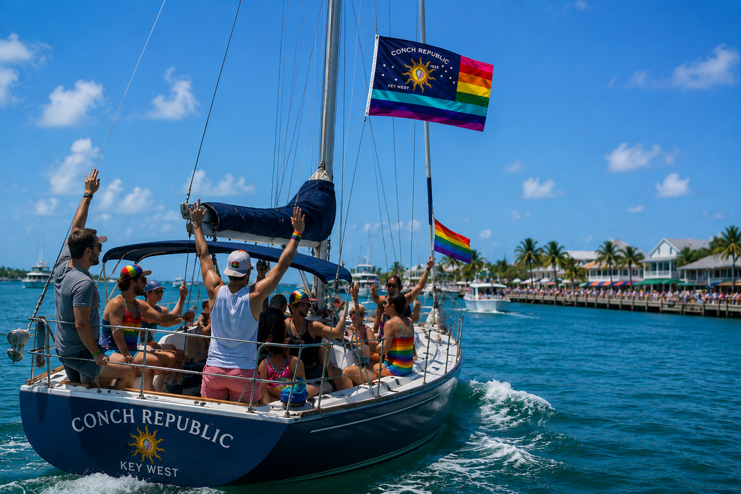 Embroidered Conch Republic Rainbow Pride LGBTQ Gay Lesbian Double-Sided Flag with Canvas Header from Key West, Florida