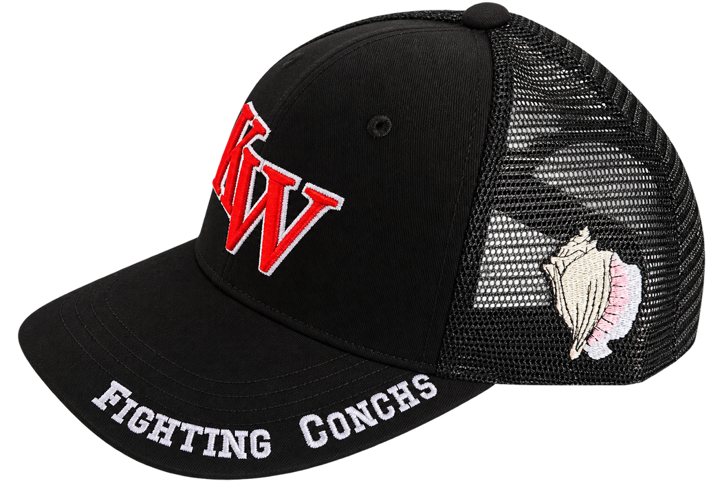Key West High School KW Fighting Conchs Trucker/Sports/Baseball Cap, Crimson/Gray/White with Conch Republic Flag Patch, and Premium Conch Shell Embroidery