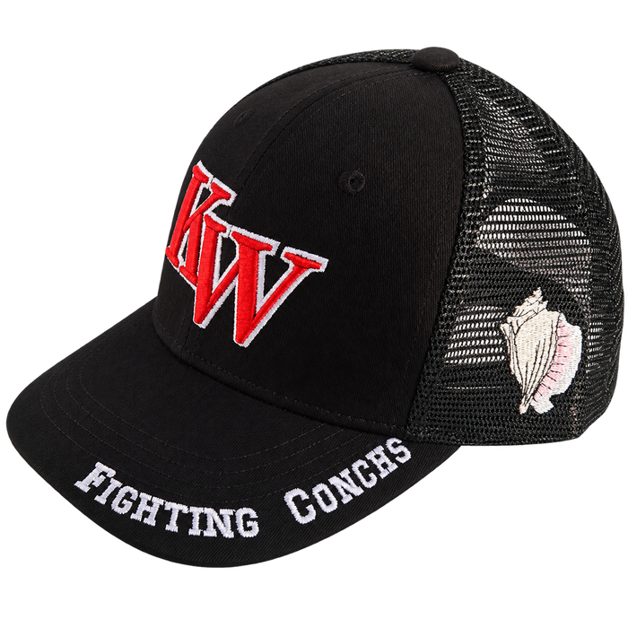 Key West High School KW Fighting Conchs Trucker/Sports/Baseball Cap, Crimson/Gray/White with Conch Republic Flag Patch, and Premium Conch Shell Embroidery