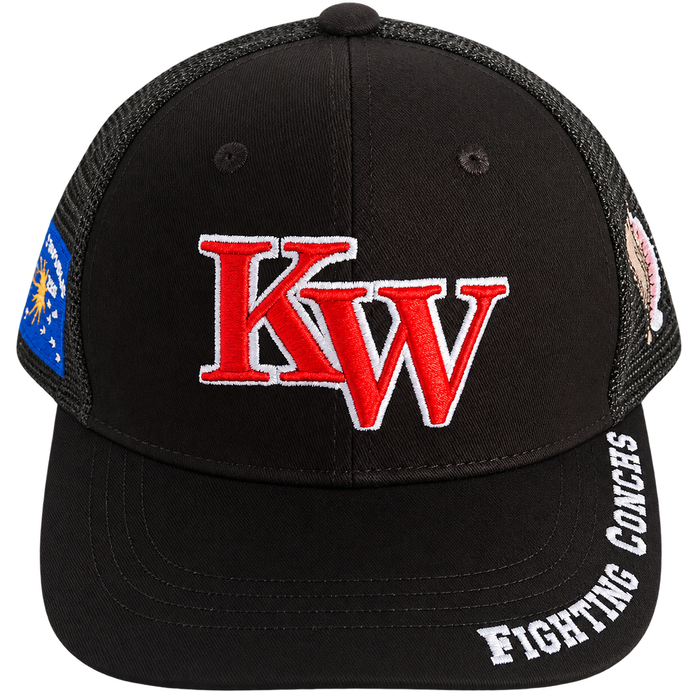 Key West High School KW Fighting Conchs Trucker/Sports/Baseball Cap, Crimson/Gray/White with Conch Republic Flag Patch, and Premium Conch Shell Embroidery