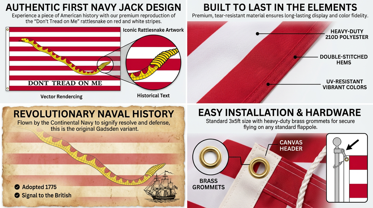 Premium 1st Navy Jack "Don't Tread on Me" Gadsden Flag Embroidered 3x5 ft. 100% 300D Nylon Double-Sided with Rattlesnake and Red and White Stripes