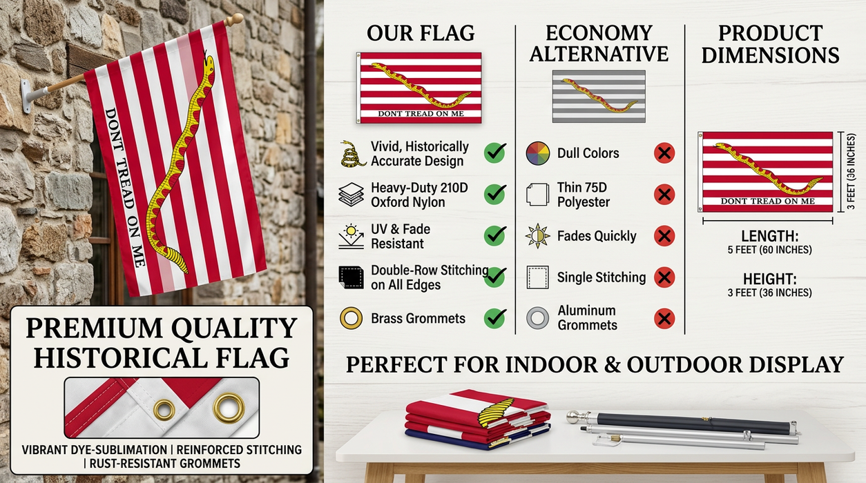 Premium 1st Navy Jack "Don't Tread on Me" Gadsden Flag Embroidered 3x5 ft. 100% 300D Nylon Double-Sided with Rattlesnake and Red and White Stripes