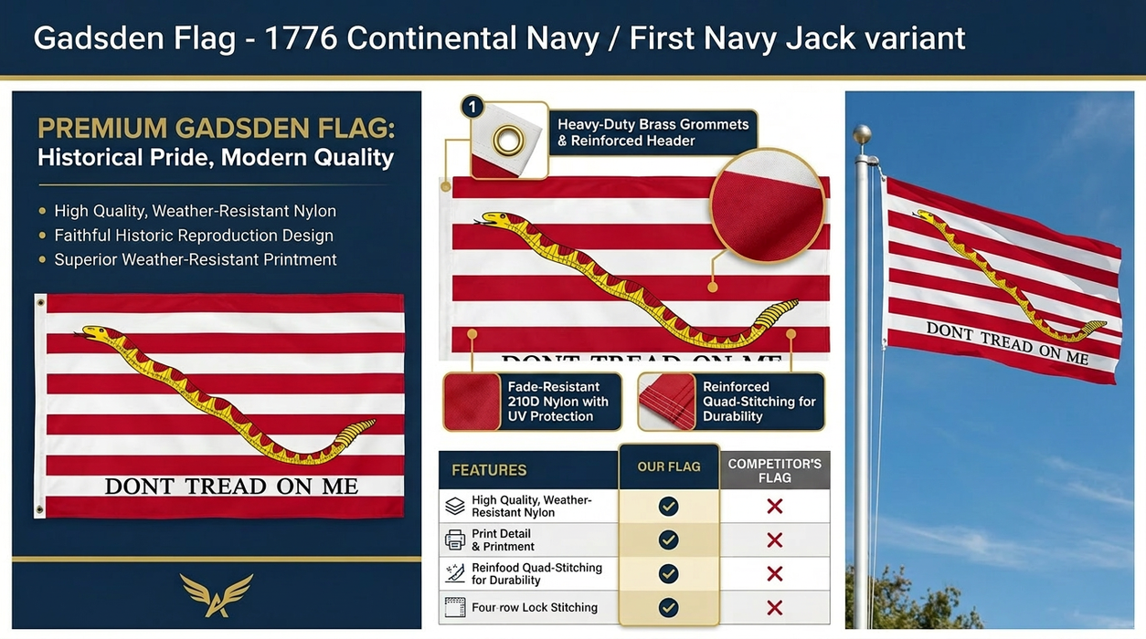 Premium 1st Navy Jack "Don't Tread on Me" Gadsden Flag Embroidered 3x5 ft. 100% 300D Nylon Double-Sided with Rattlesnake and Red and White Stripes