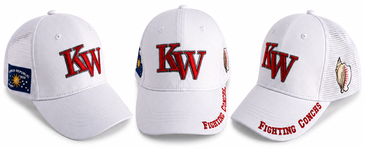 Key West High School KW Fighting Conchs Trucker/Sports/Baseball Cap, Crimson/Gray/White with Conch Republic Flag Patch, and Premium Conch Shell Embroidery