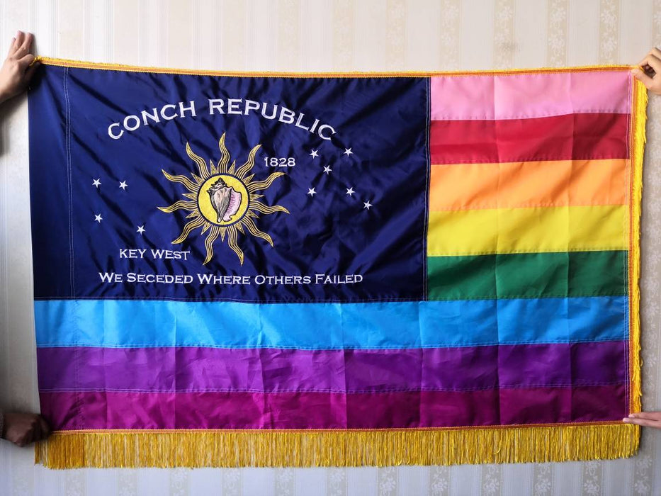 Embroidered Conch Republic Rainbow Pride LGBTQ Gay Lesbian Flag with Fringe and Sleeve Header from Key West, Florida