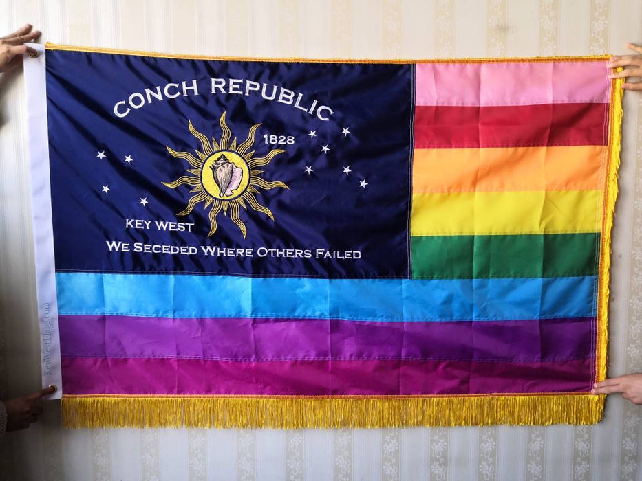 Embroidered Conch Republic Rainbow Pride LGBTQ Gay Lesbian Flag with Fringe and Canvas Header from Key West, Florida